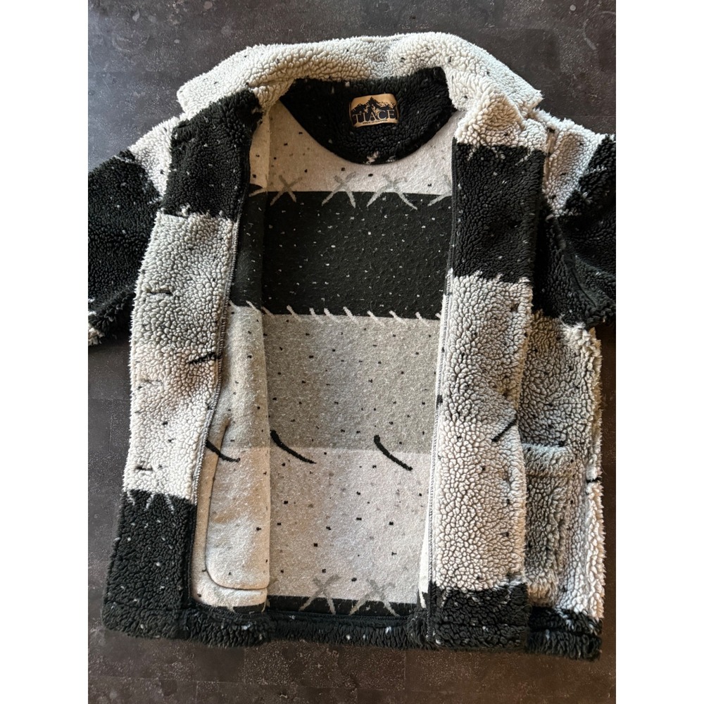Vintage Tiace Canada Women's L Sherpa Fleece Jacket Gray Black Teddy Boucle Coat